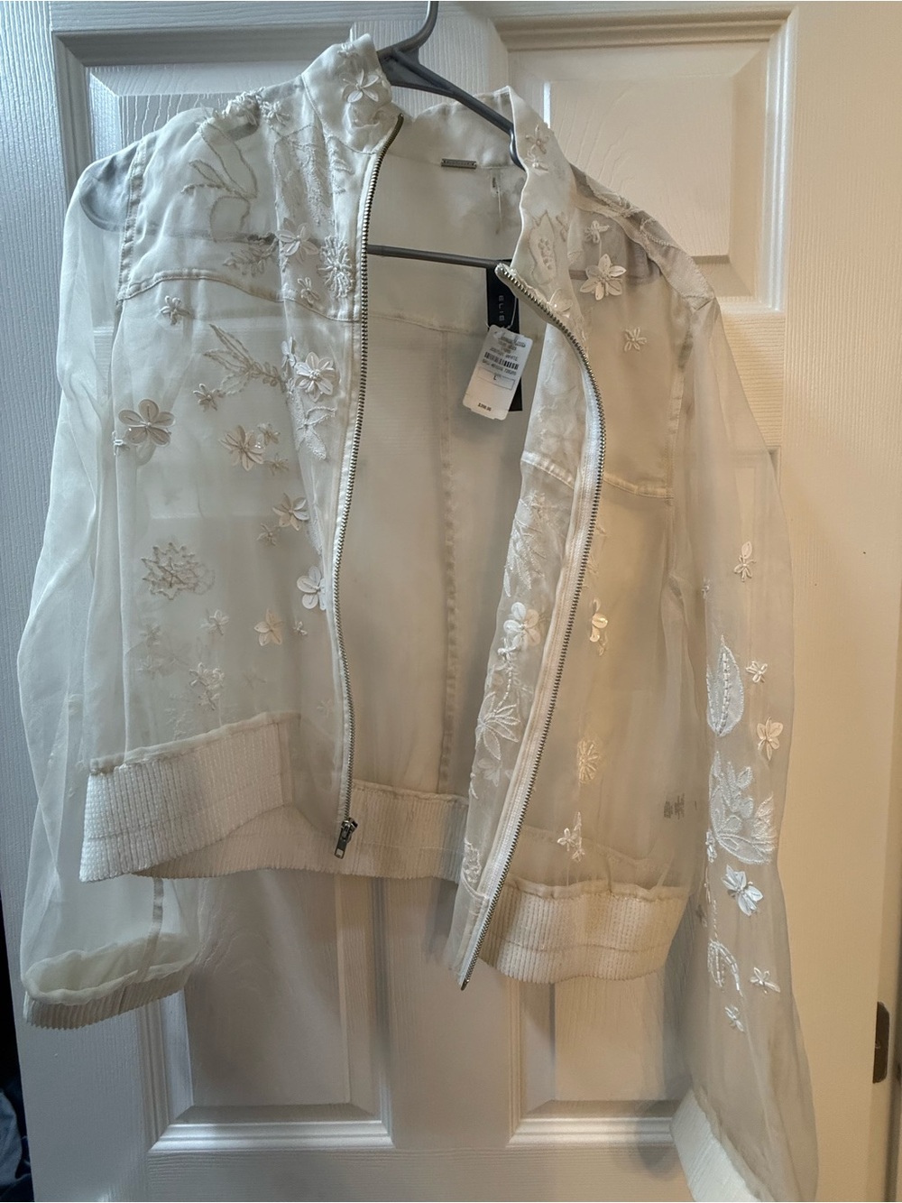 Elie Tahari Sheer White Embroidered Bomber Jacket